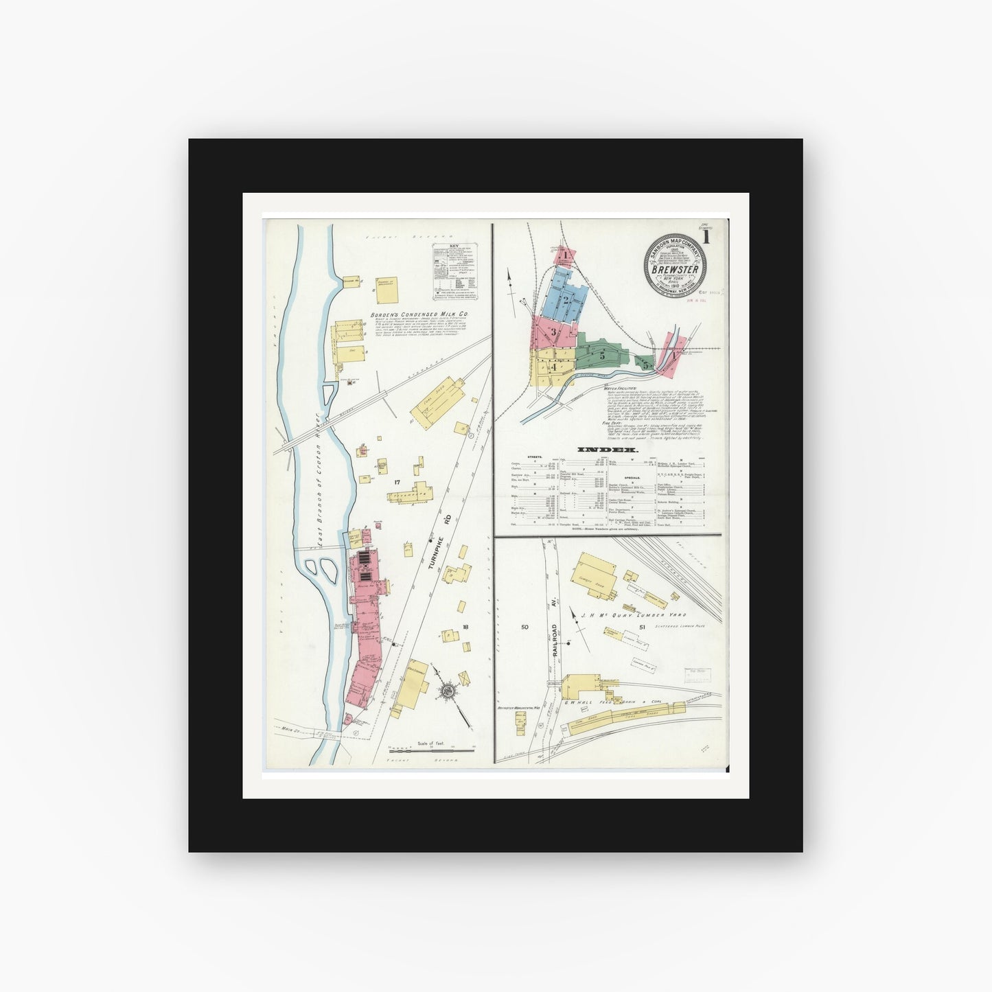 Old map wall art mockup — black gallery frame with white mat — Sanborn Fire Insurance Map from Brewster, Putnam County, New York (1910) - Complete Map Set