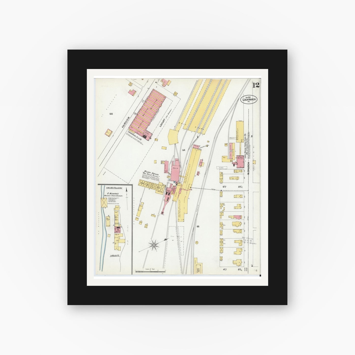Old map wall art mockup — black gallery frame with white mat — Sanborn Fire Insurance Map from Lock Haven, Clinton County, Pennsylvania (1901), Sheet #0012