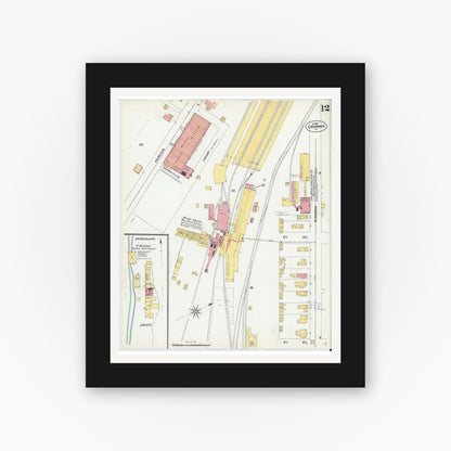 Old map wall art mockup — black gallery frame with white mat — Sanborn Fire Insurance Map from Lock Haven, Clinton County, Pennsylvania (1901), Sheet #0012