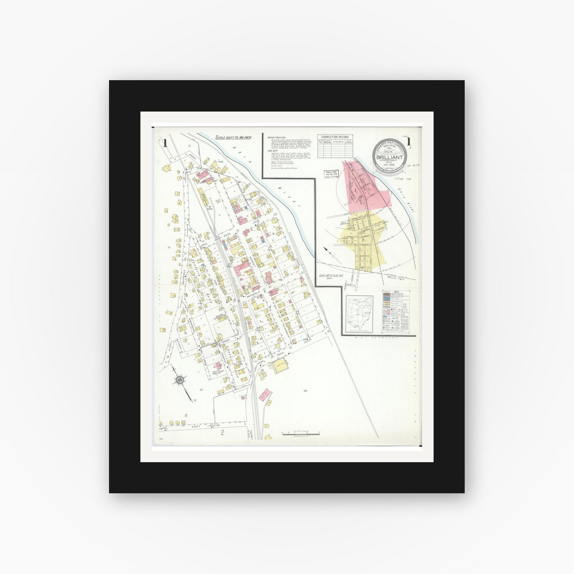 Old map wall art mockup — black gallery frame with white mat — Sanborn Fire Insurance Map from Brilliant, Jefferson County, Ohio (1938), Sheet #0001