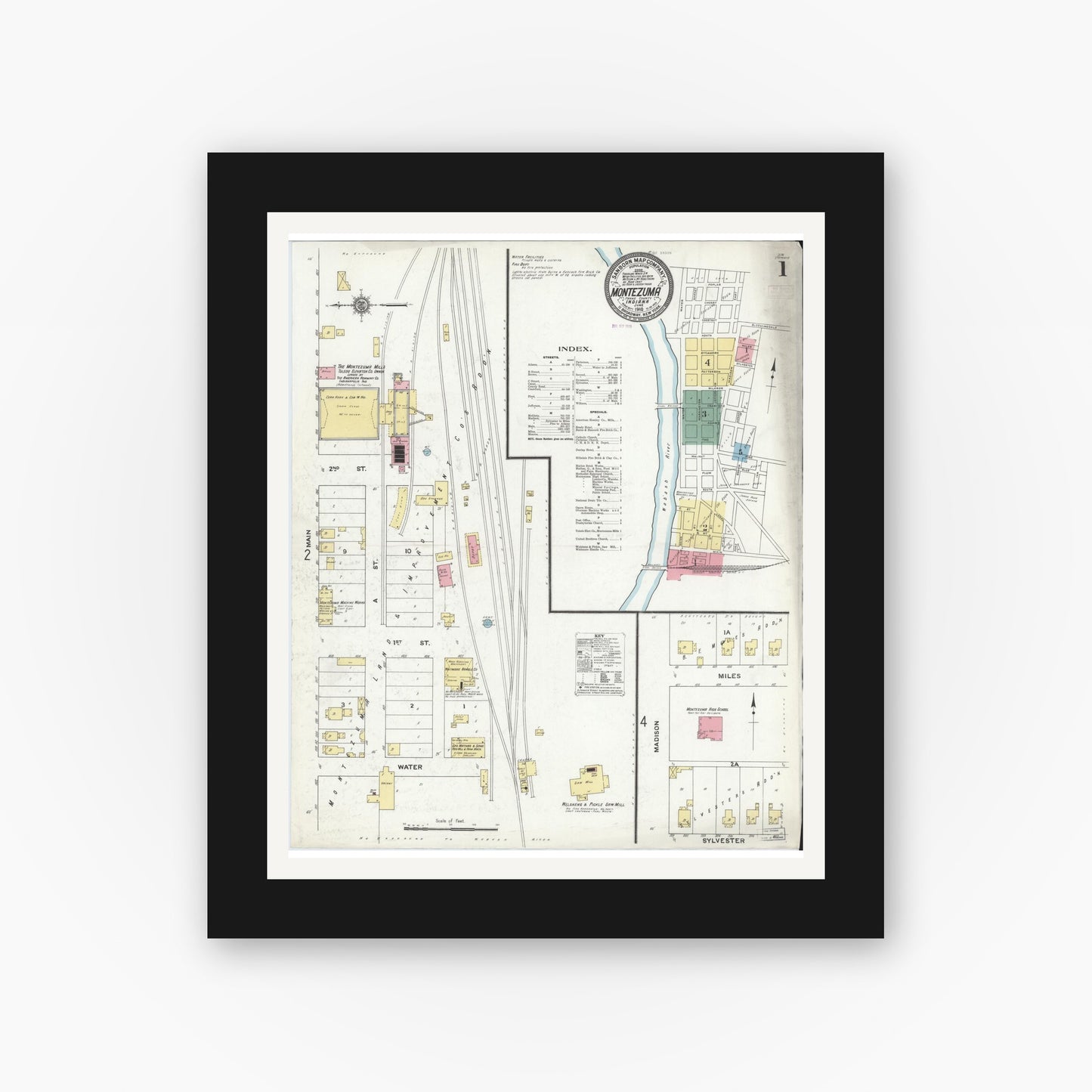 Old map wall art mockup — black gallery frame with white mat — Sanborn Fire Insurance Map from Montezuma, Parke County, Indiana (1910) - Complete Map Set