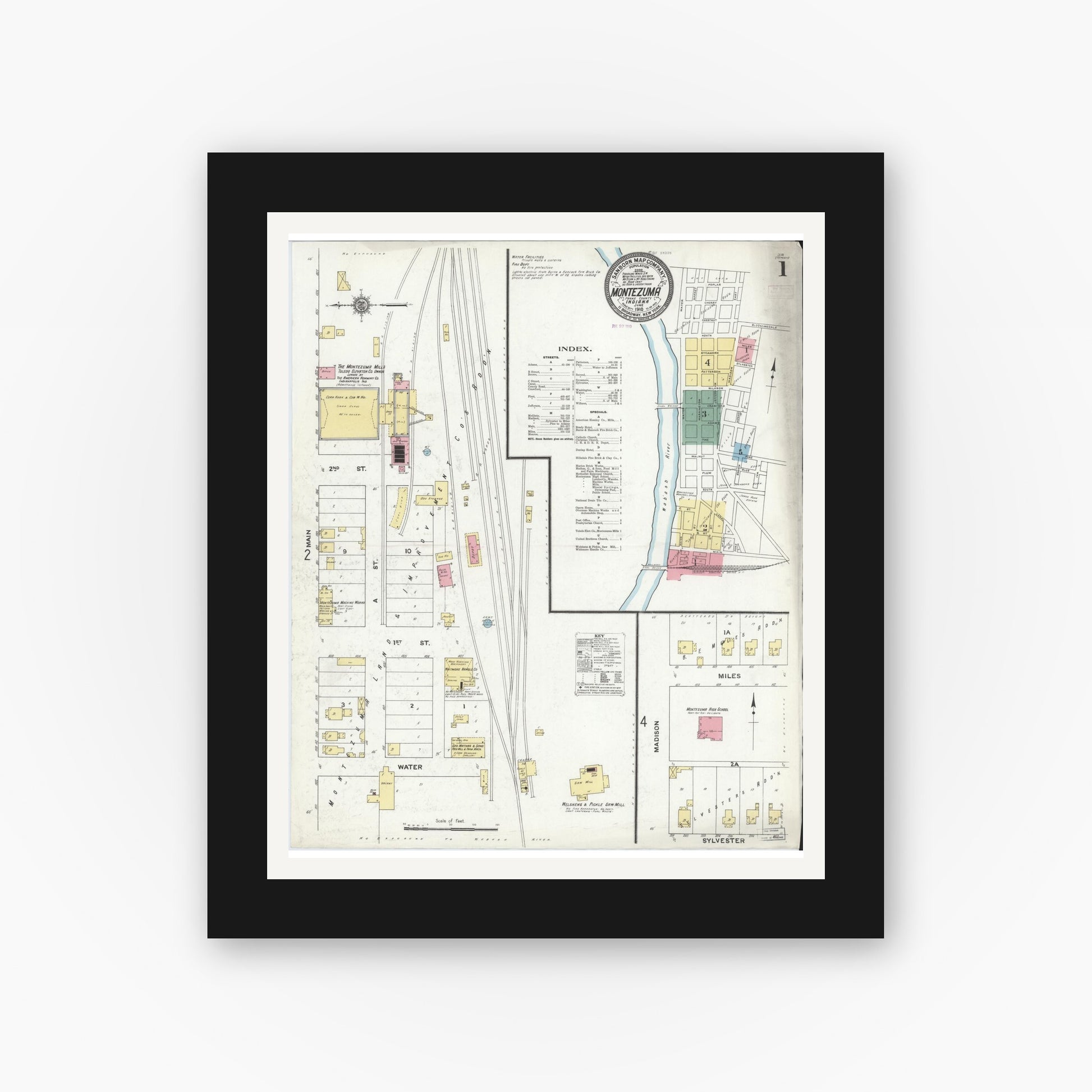 Old map wall art mockup — black gallery frame with white mat — Sanborn Fire Insurance Map from Montezuma, Parke County, Indiana (1910) - Complete Map Set