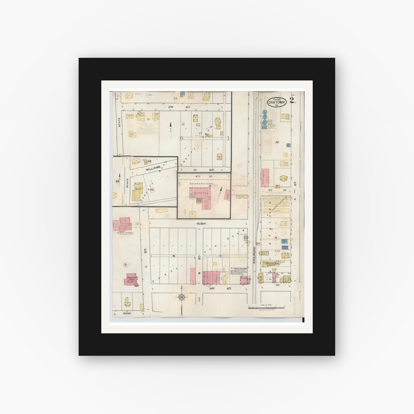 Old map wall art mockup — black gallery frame with white mat — Sanborn Fire Insurance Map from Oaktown, Knox County, Indiana (1932), Sheet #0002