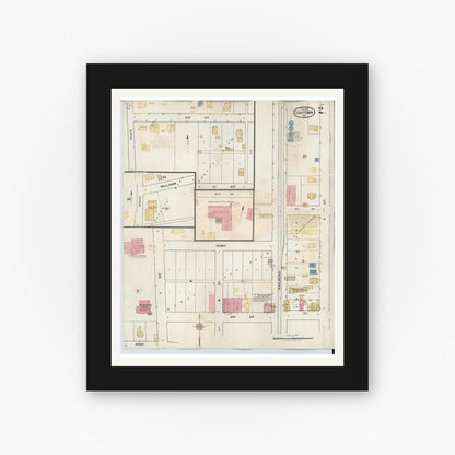 Old map wall art mockup — black gallery frame with white mat — Sanborn Fire Insurance Map from Oaktown, Knox County, Indiana (1932), Sheet #0002