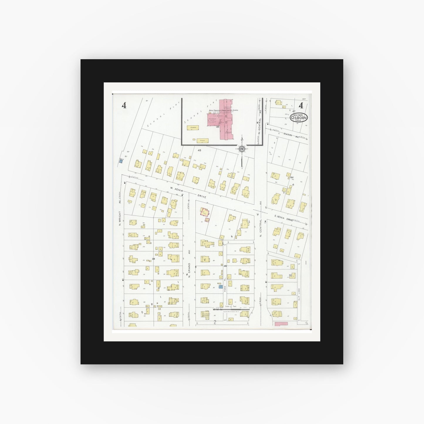 Old map wall art mockup — black gallery frame with white mat — Sanborn Fire Insurance Map from Osborn, Greene County, Ohio (1929), Sheet #0004