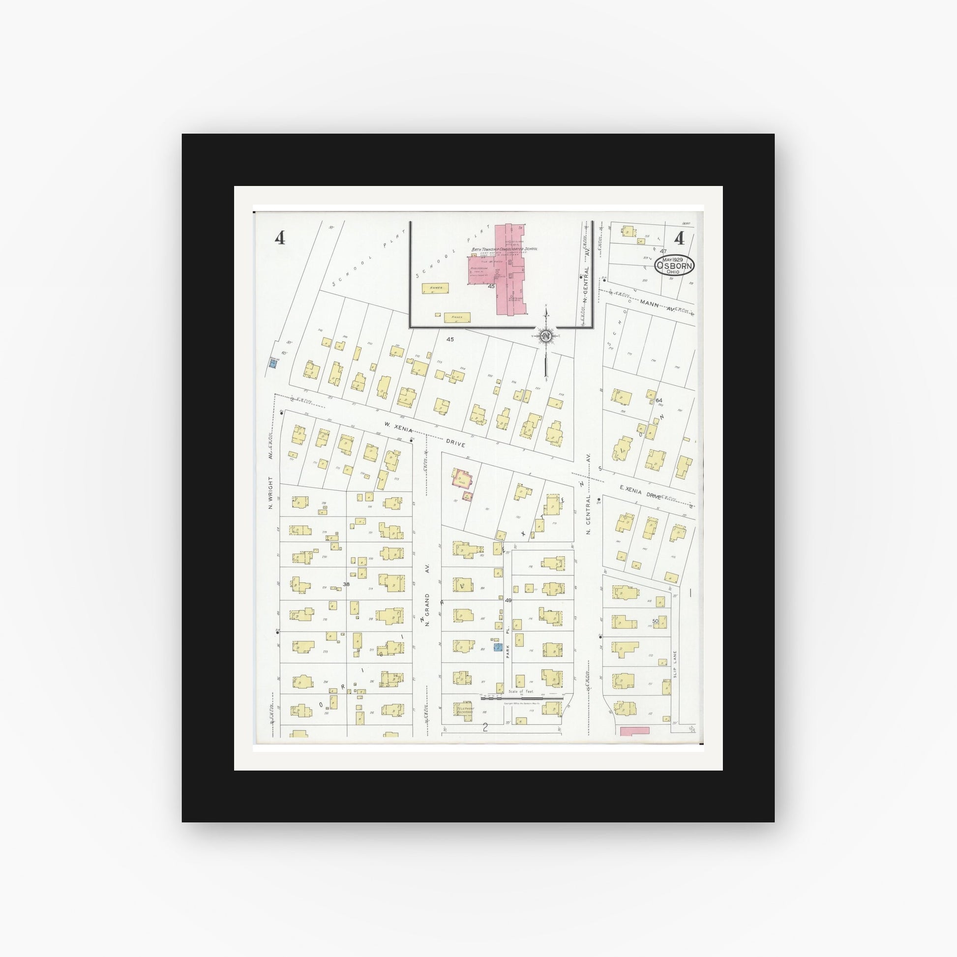 Old map wall art mockup — black gallery frame with white mat — Sanborn Fire Insurance Map from Osborn, Greene County, Ohio (1929), Sheet #0004