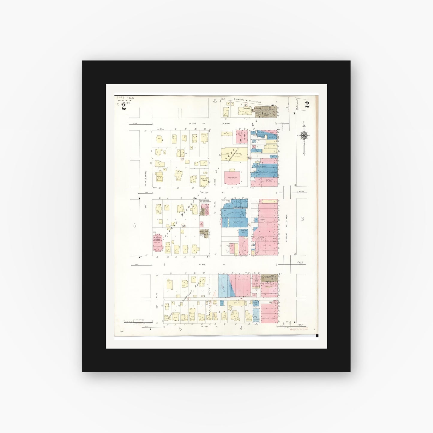 Old map wall art mockup — black gallery frame with white mat — Sanborn Fire Insurance Map from Spencer, Clay County, Iowa (1946), Sheet #0002