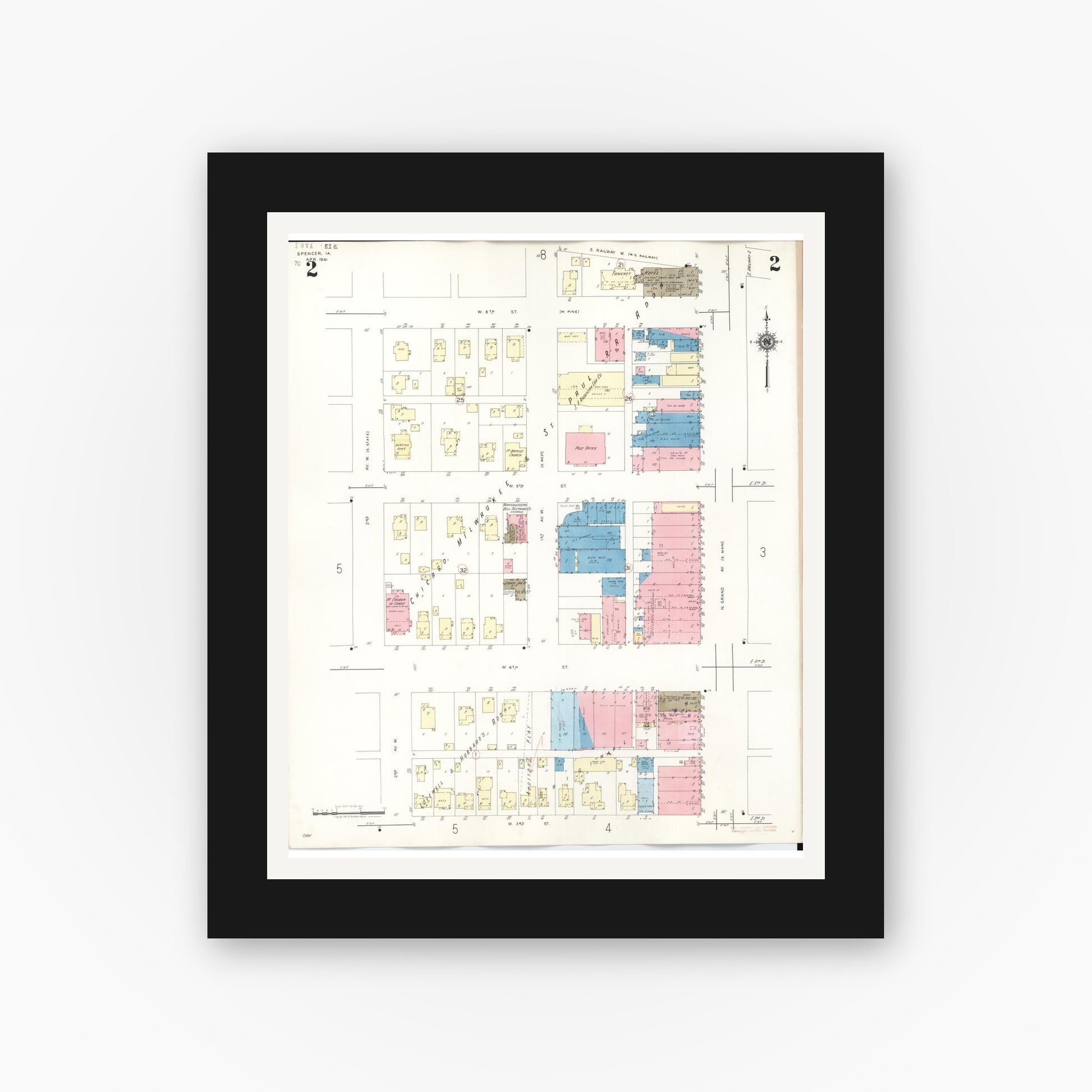 Old map wall art mockup — black gallery frame with white mat — Sanborn Fire Insurance Map from Spencer, Clay County, Iowa (1946), Sheet #0002