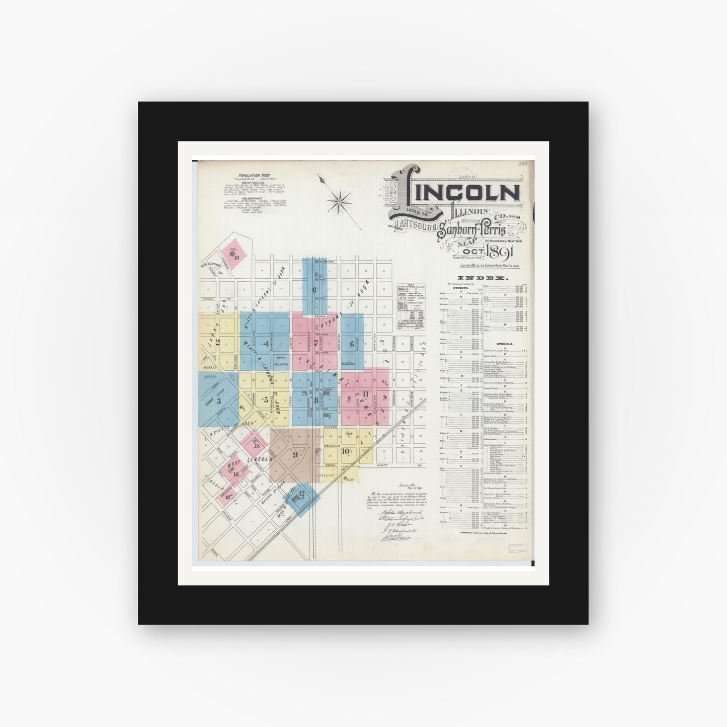 Old map wall art mockup — black gallery frame with white mat — Sanborn Fire Insurance Map from Lincoln, Logan County, Illinois (1891) - Complete Map Set
