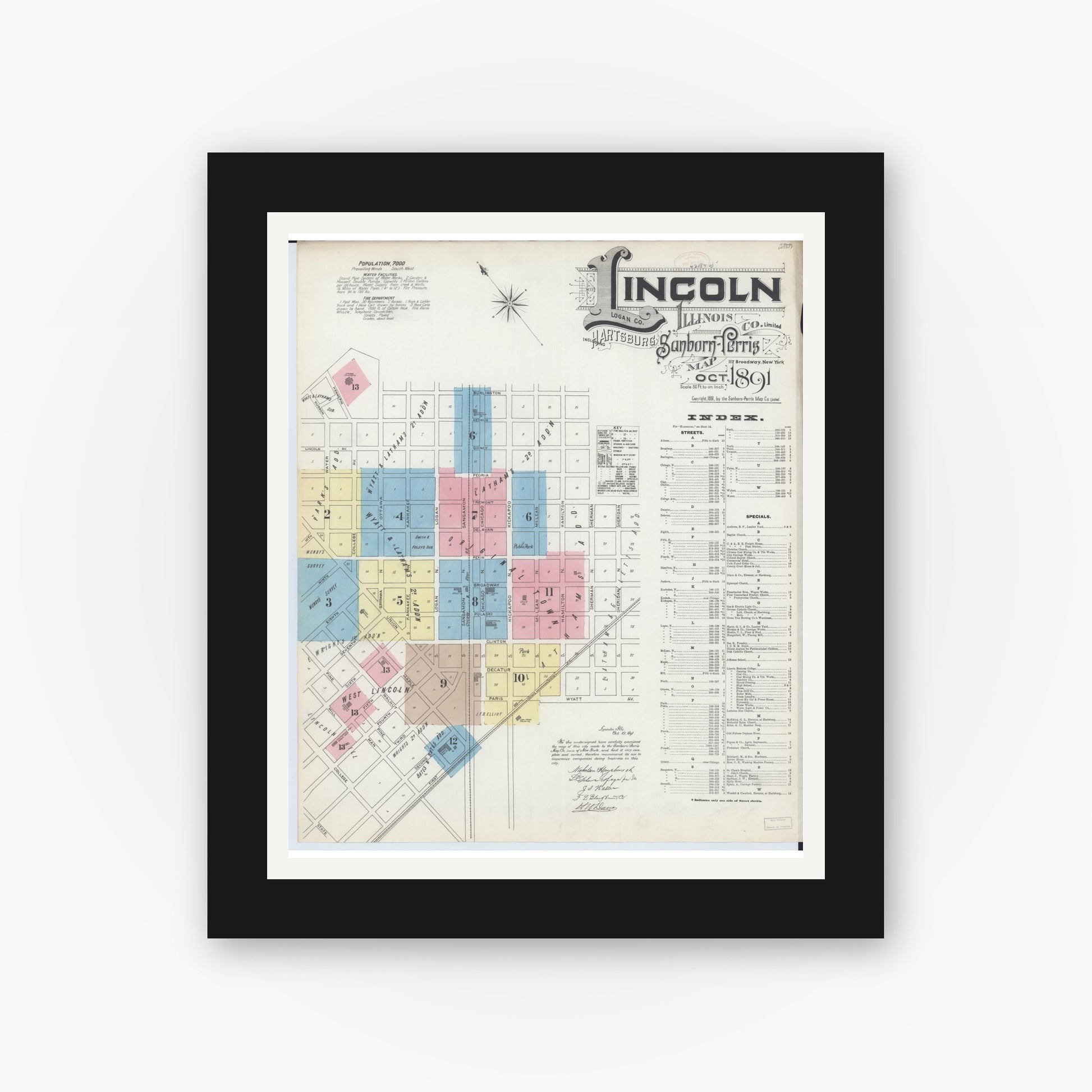 Old map wall art mockup — black gallery frame with white mat — Sanborn Fire Insurance Map from Lincoln, Logan County, Illinois (1891) - Complete Map Set