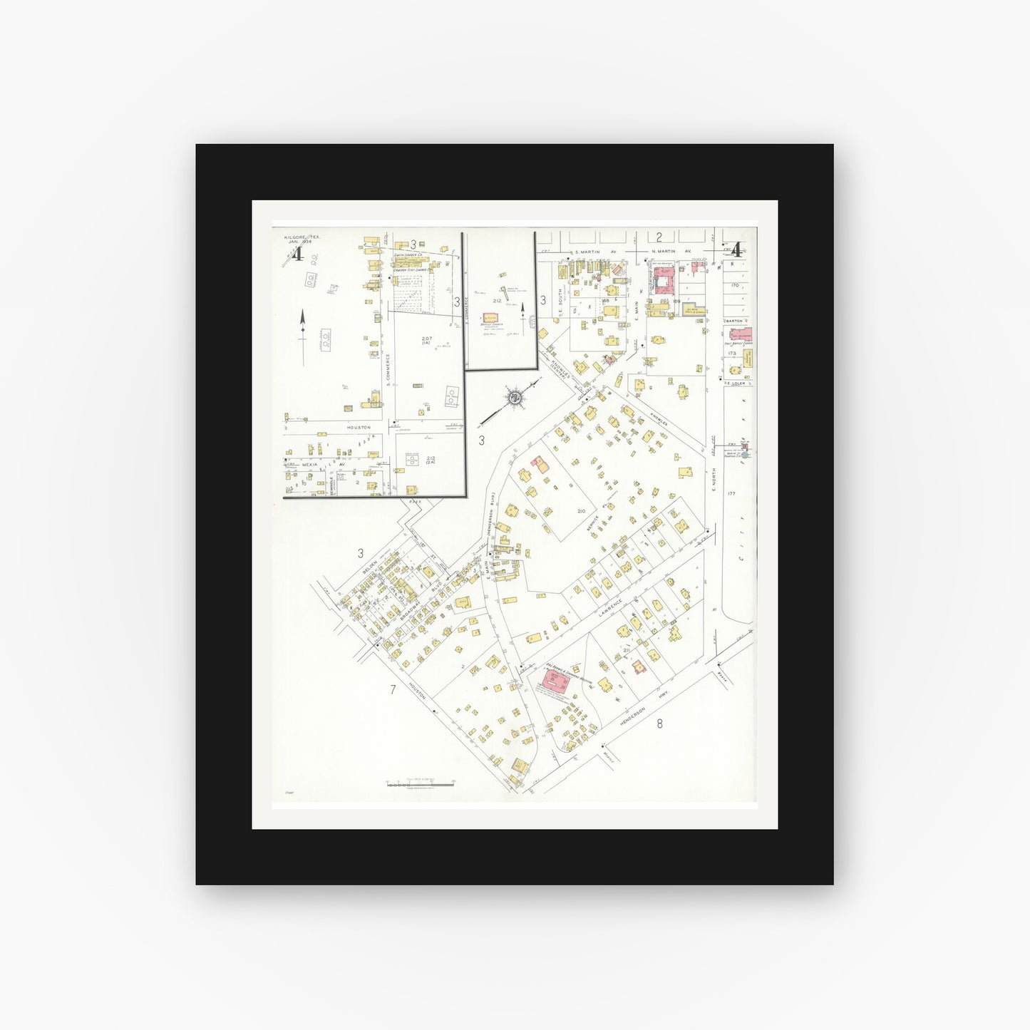 Old map wall art mockup — black gallery frame with white mat — Sanborn Fire Insurance Map from Kilgore, Gregg County, Texas (1936), Sheet #0004