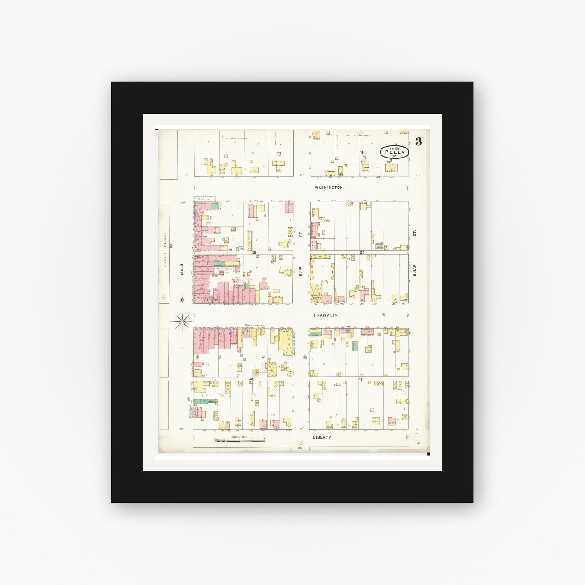 Old map wall art mockup — black gallery frame with white mat — Sanborn Fire Insurance Map from Pella, Marion County, Iowa (1895), Sheet #0003
