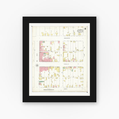 Old map wall art mockup — black gallery frame with white mat — Sanborn Fire Insurance Map from Pella, Marion County, Iowa (1895), Sheet #0003