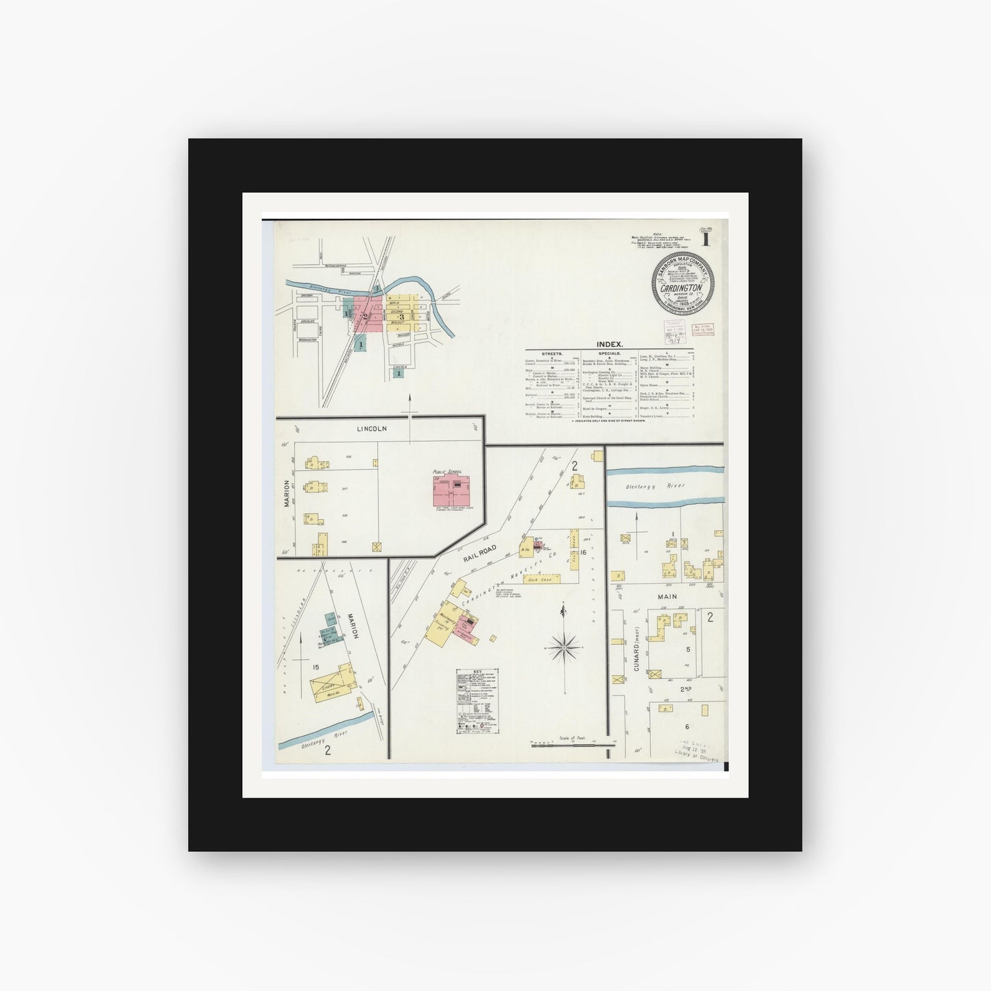 Old map wall art mockup — black gallery frame with white mat — Sanborn Fire Insurance Map from Cardington, Morrow County, Ohio (1903), Sheet #0001