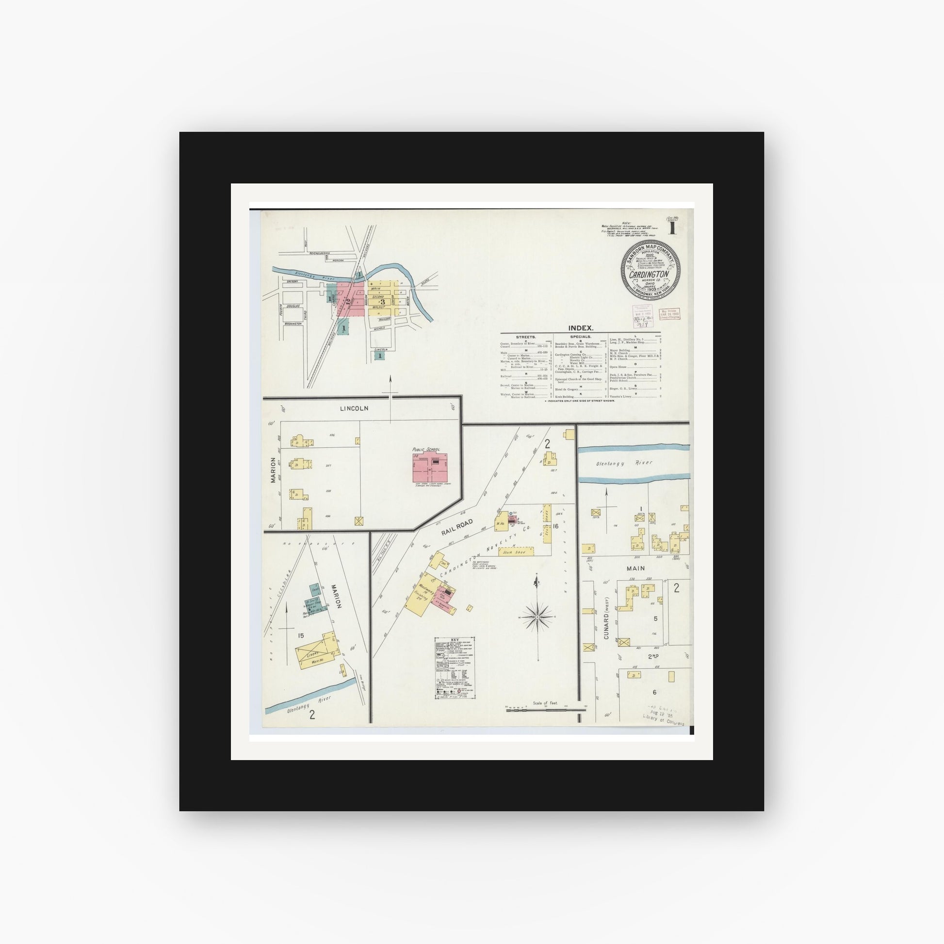 Old map wall art mockup — black gallery frame with white mat — Sanborn Fire Insurance Map from Cardington, Morrow County, Ohio (1903), Sheet #0001