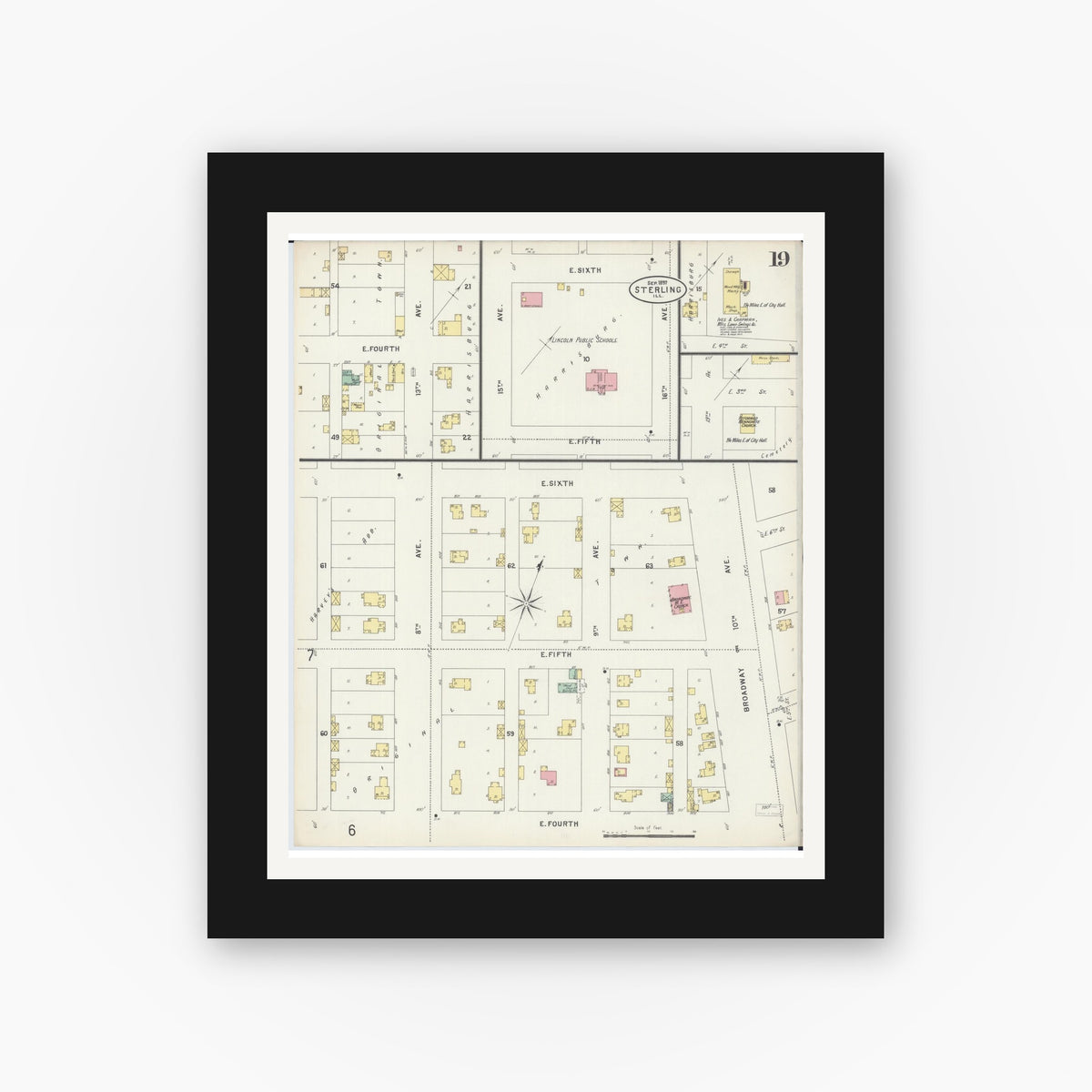 Old map wall art mockup — black gallery frame with white mat — Sanborn Fire Insurance Map from Sterling, Whiteside County, Illinois (1897), Sheet #0019