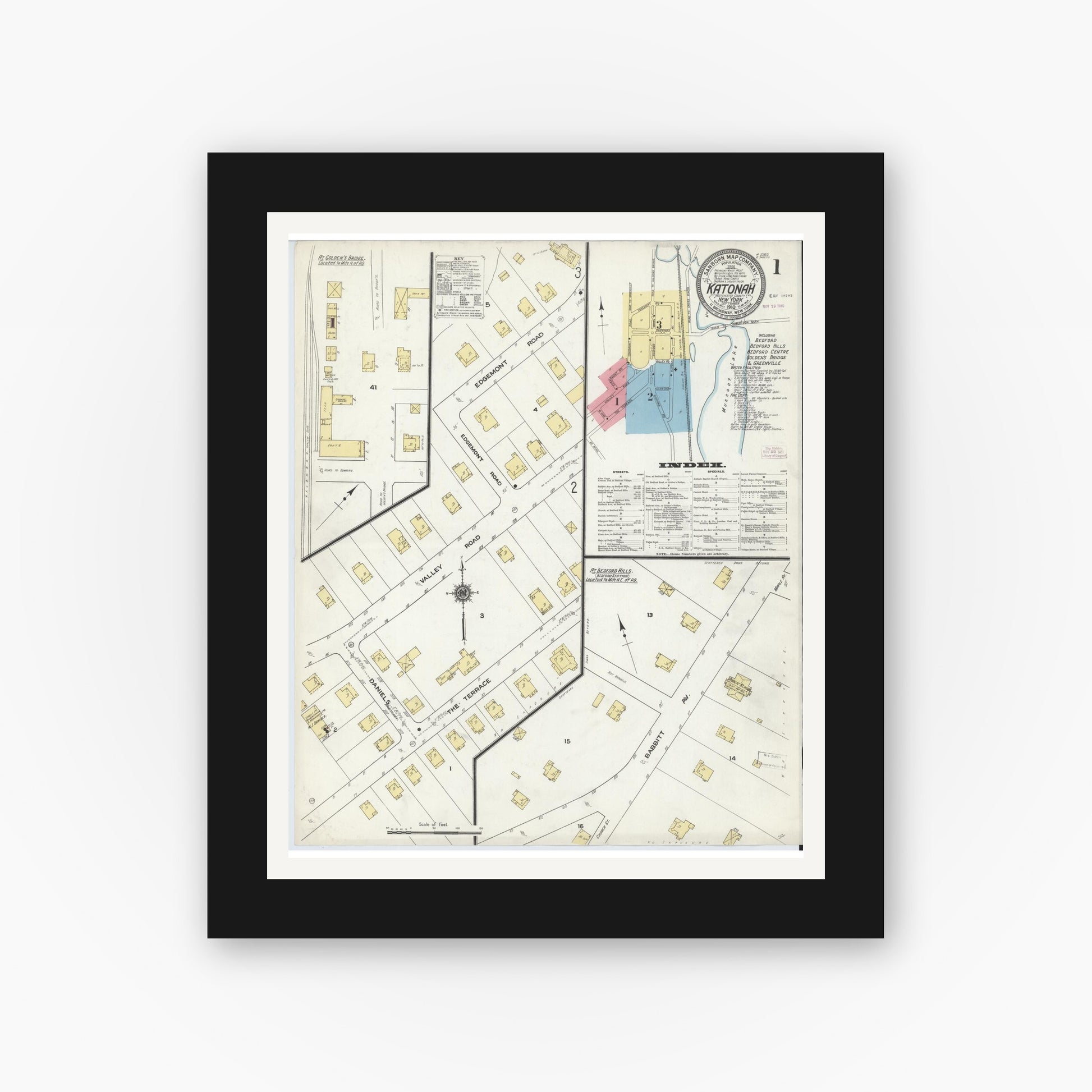 Old map wall art mockup — black gallery frame with white mat — Sanborn Fire Insurance Map from Katonah, Westchester County, New York (1910) - Complete Map Set