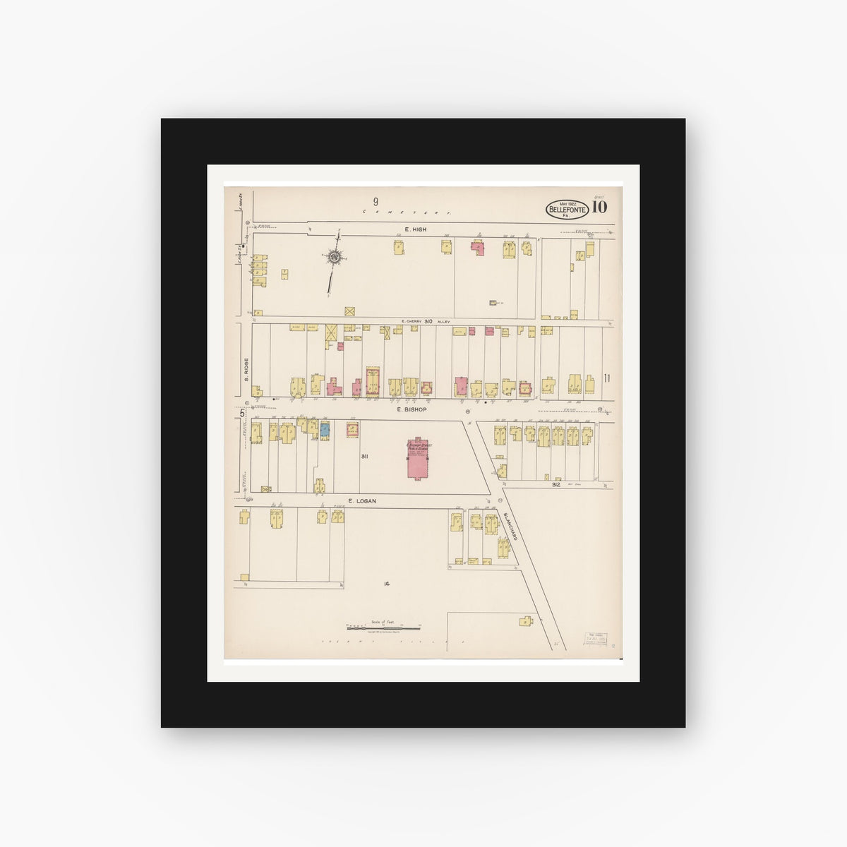 Old map wall art mockup — black gallery frame with white mat — Sanborn Fire Insurance Map from Bellefonte, Centre County, Pennsylvania (1922), Sheet #0010