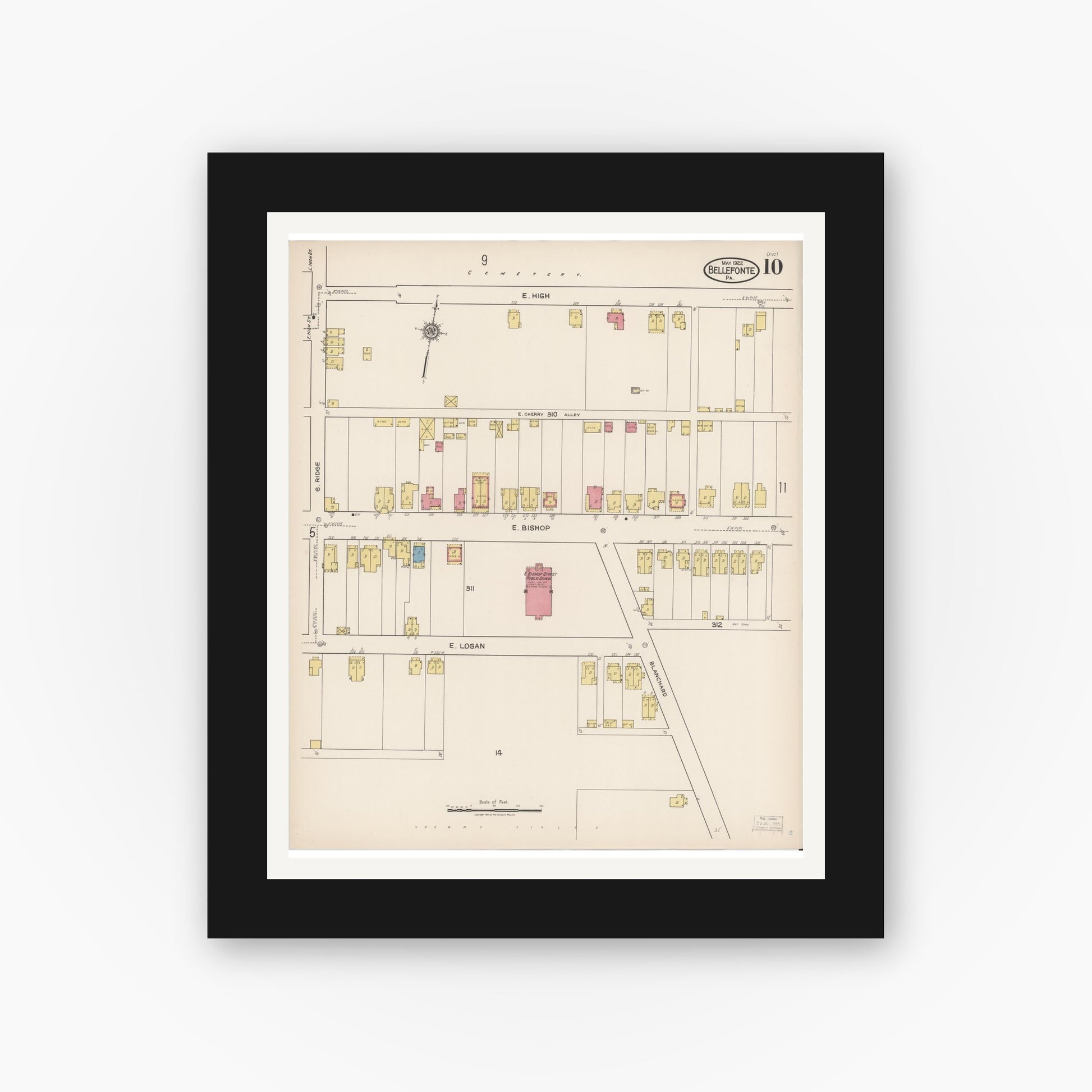 Old map wall art mockup — black gallery frame with white mat — Sanborn Fire Insurance Map from Bellefonte, Centre County, Pennsylvania (1922), Sheet #0010