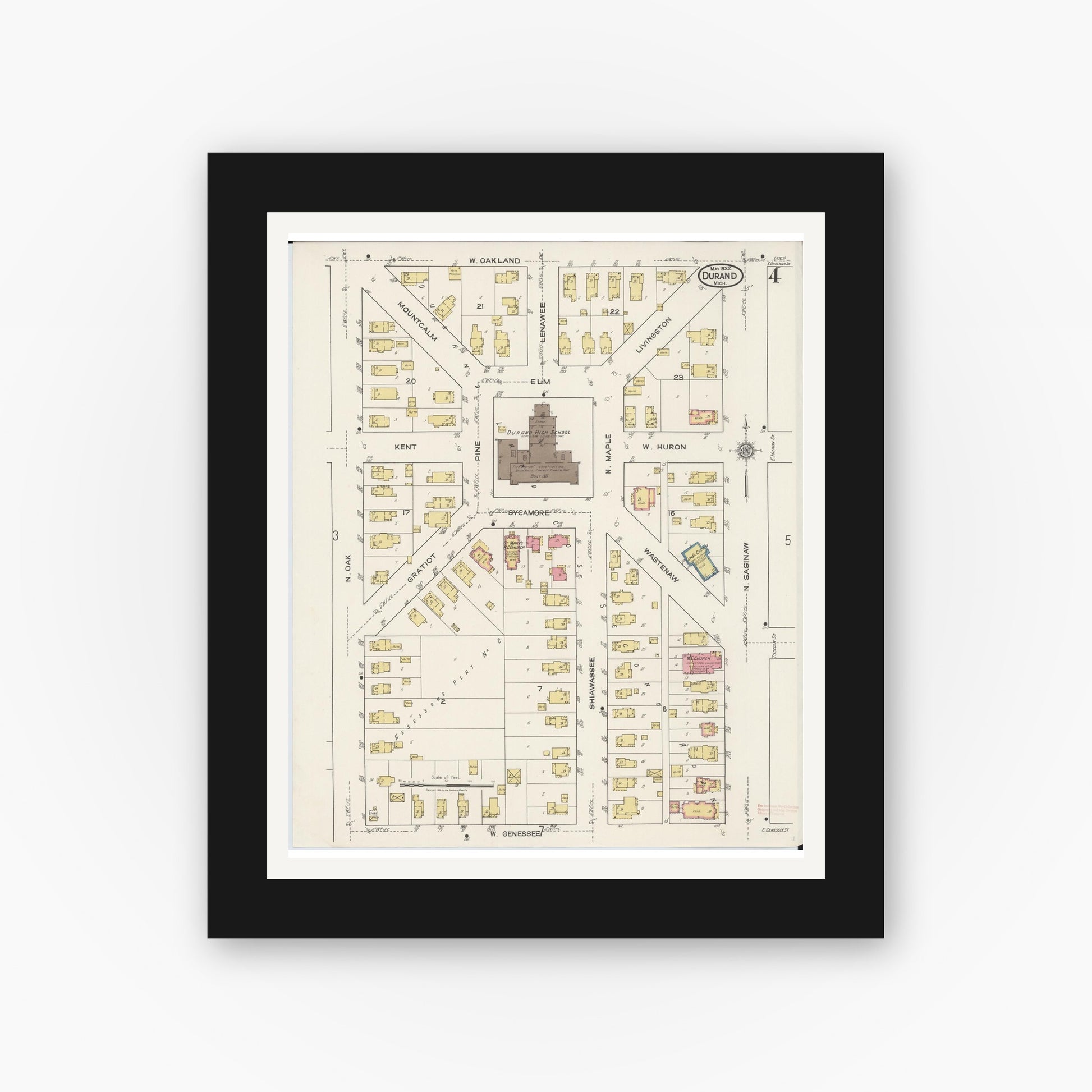 Old map wall art mockup — black gallery frame with white mat — Sanborn Fire Insurance Map from Durand, Shiawassee County, Michigan (1922), Sheet #0004