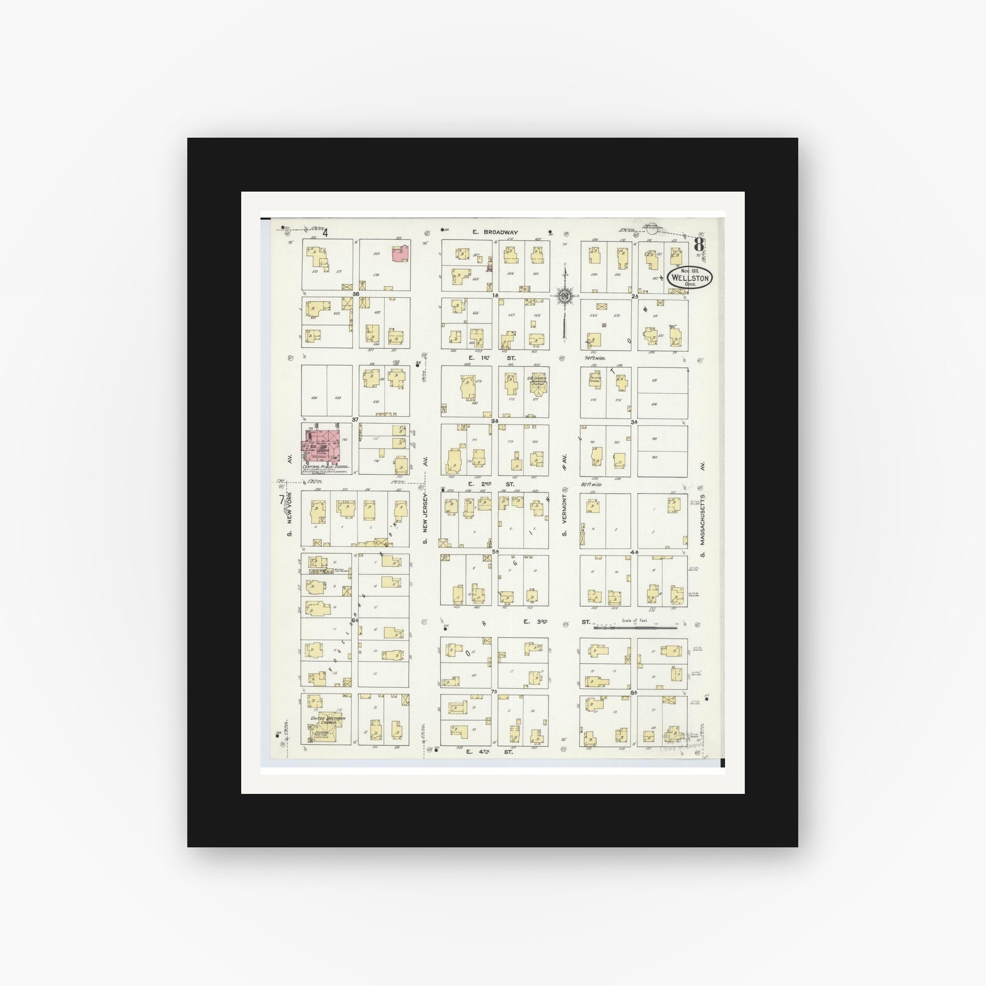 Old map wall art mockup — black gallery frame with white mat — Sanborn Fire Insurance Map from Wellston, Jackson County, Ohio (1911), Sheet #0008