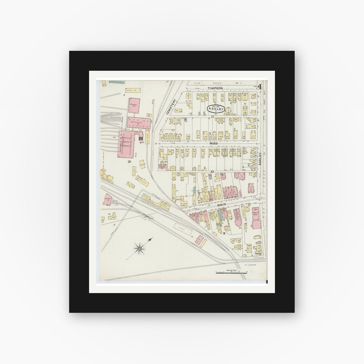 Old map wall art mockup — black gallery frame with white mat — Sanborn Fire Insurance Map from Ashley, Luzerne County, Pennsylvania (1891), Sheet #0004