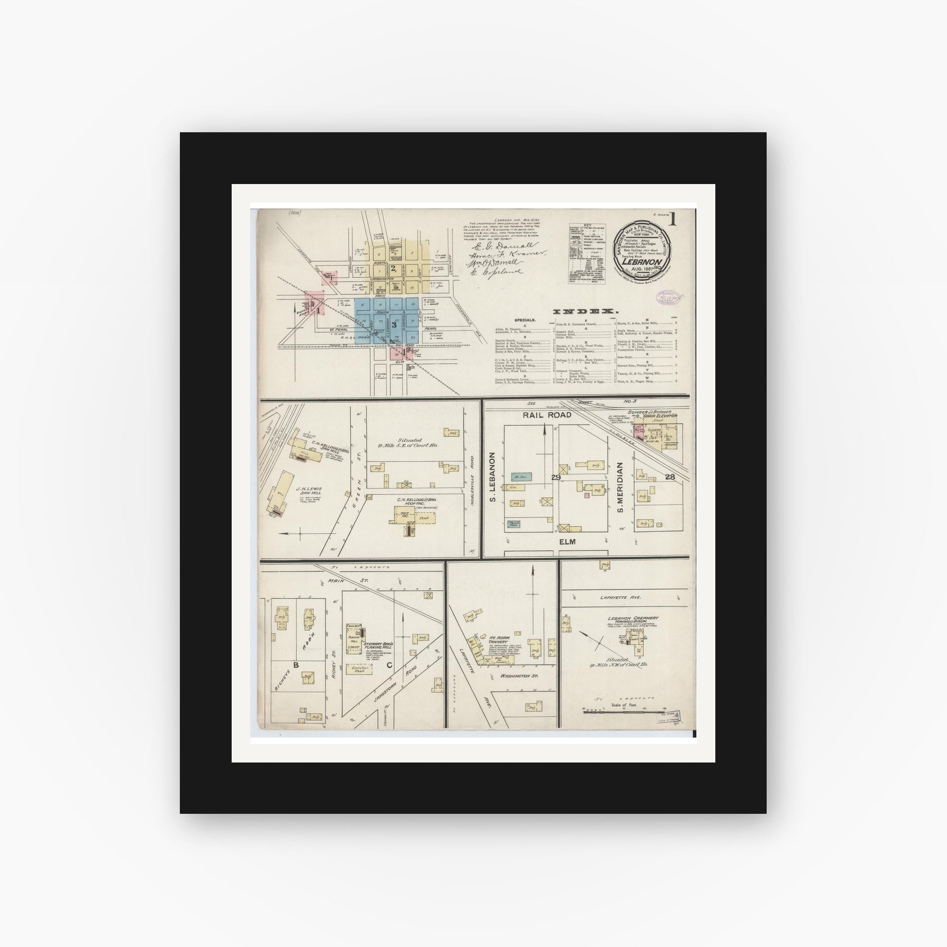 Old map wall art mockup — black gallery frame with white mat — Sanborn Fire Insurance Map from Lebanon, Boone County, Indiana (1887) - Complete Map Set