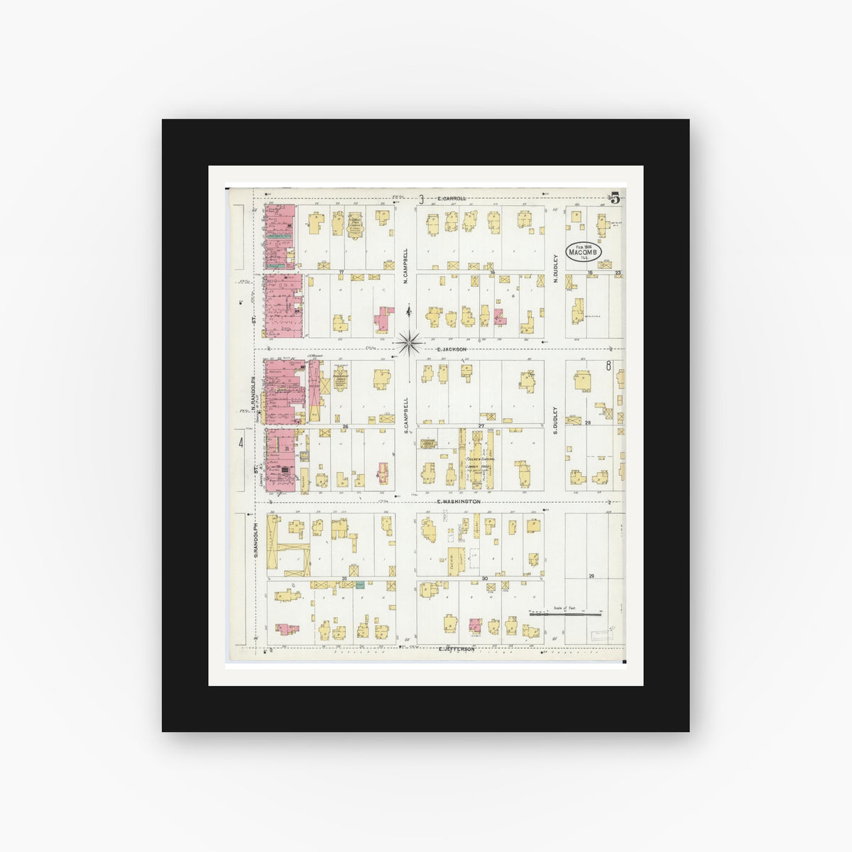 Old map wall art mockup — black gallery frame with white mat — Sanborn Fire Insurance Map from Macomb, Mcdonough County, Illinois (1906), Sheet #0005