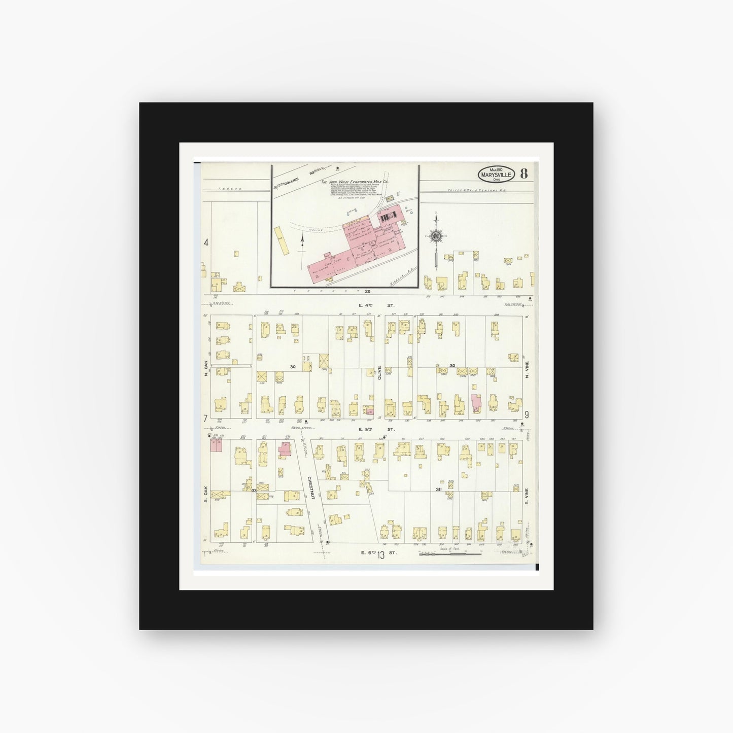 Old map wall art mockup — black gallery frame with white mat — Sanborn Fire Insurance Map from Marysville, Union County, Ohio (1910), Sheet #0008