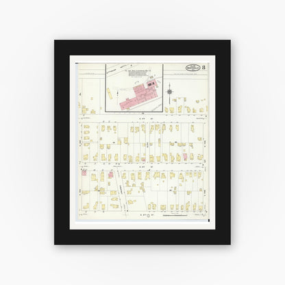 Old map wall art mockup — black gallery frame with white mat — Sanborn Fire Insurance Map from Marysville, Union County, Ohio (1910), Sheet #0008