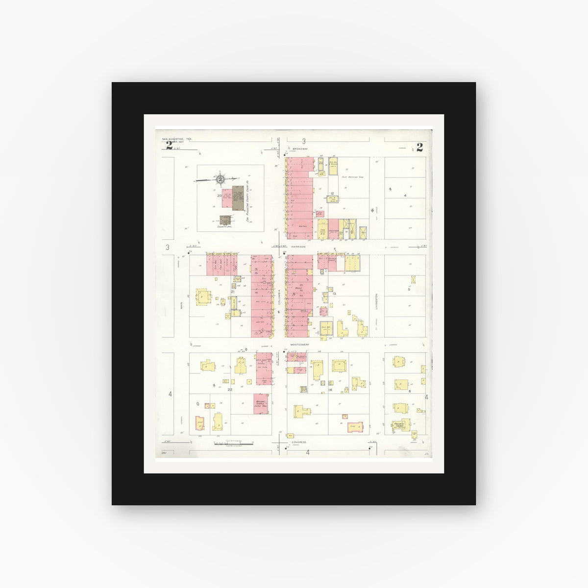 Old map wall art mockup — black gallery frame with white mat — Sanborn Fire Insurance Map from San Augustine, San Augustine County, Texas (1937), Sheet #0002