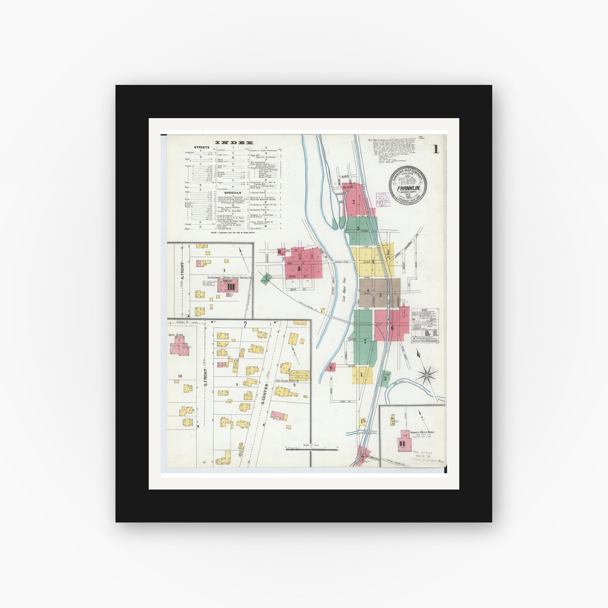 Old map wall art mockup — black gallery frame with white mat — Sanborn Fire Insurance Map from Franklin, Warren County, Ohio (1905) - Complete Map Set