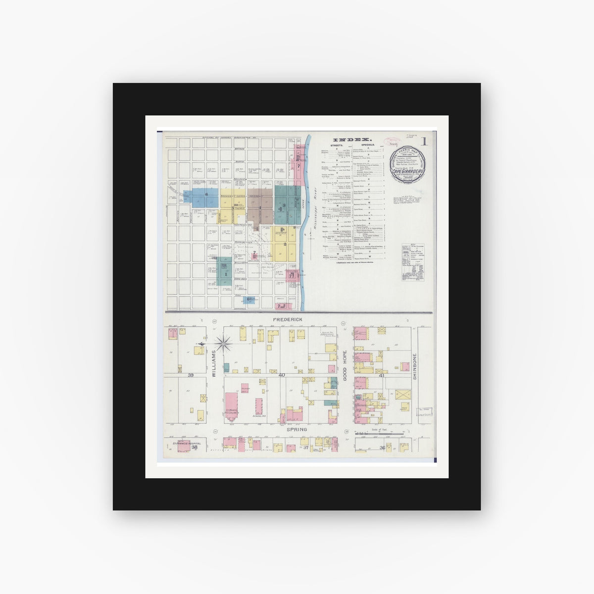 Old map wall art mockup — black gallery frame with white mat — Sanborn Fire Insurance Map from Cape Girardeau, Cape Girardeau County, Missouri (1893) - Complete Map Set