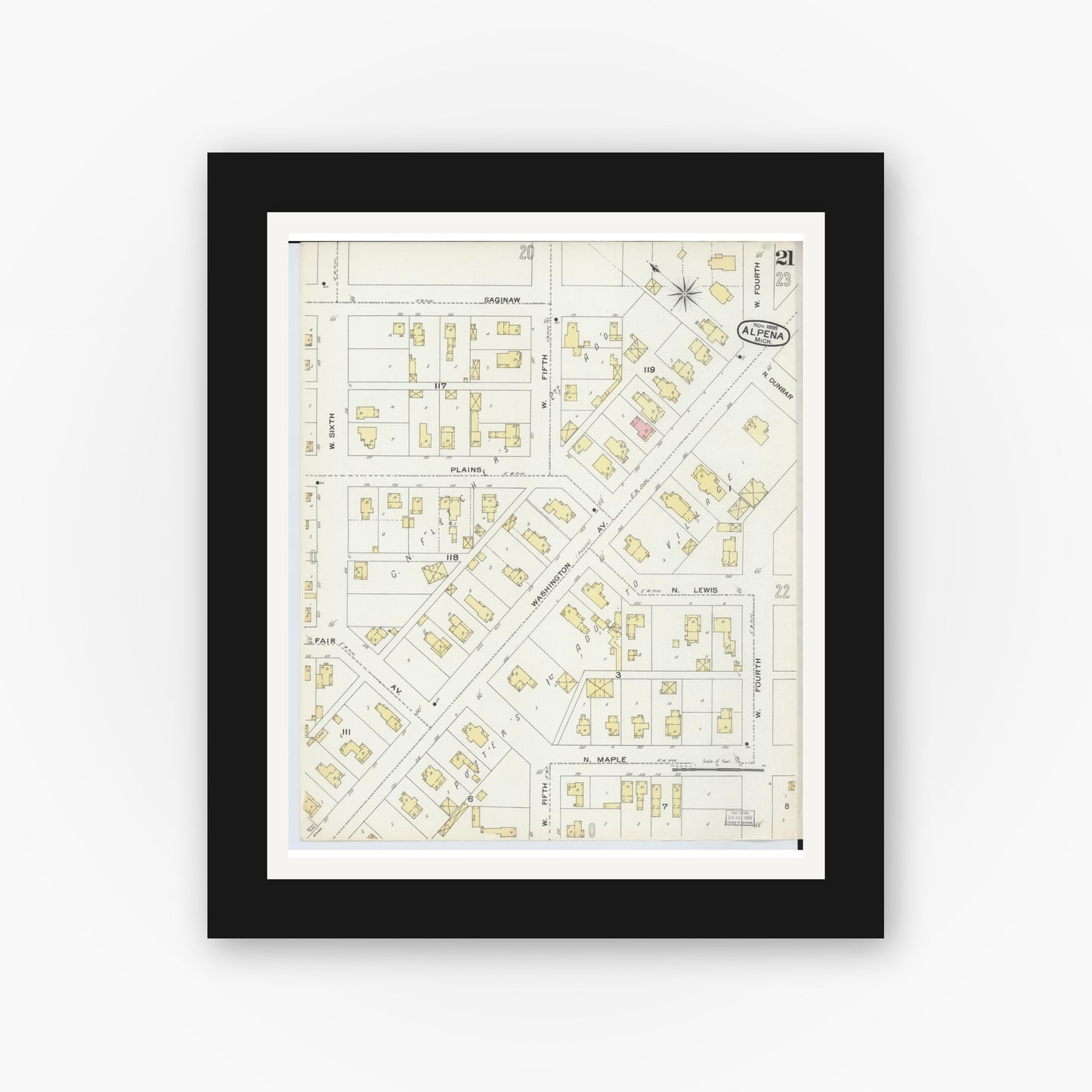 Old map wall art mockup — black gallery frame with white mat — Sanborn Fire Insurance Map from Alpena, Alpena County, Michigan (1895), Sheet #0021