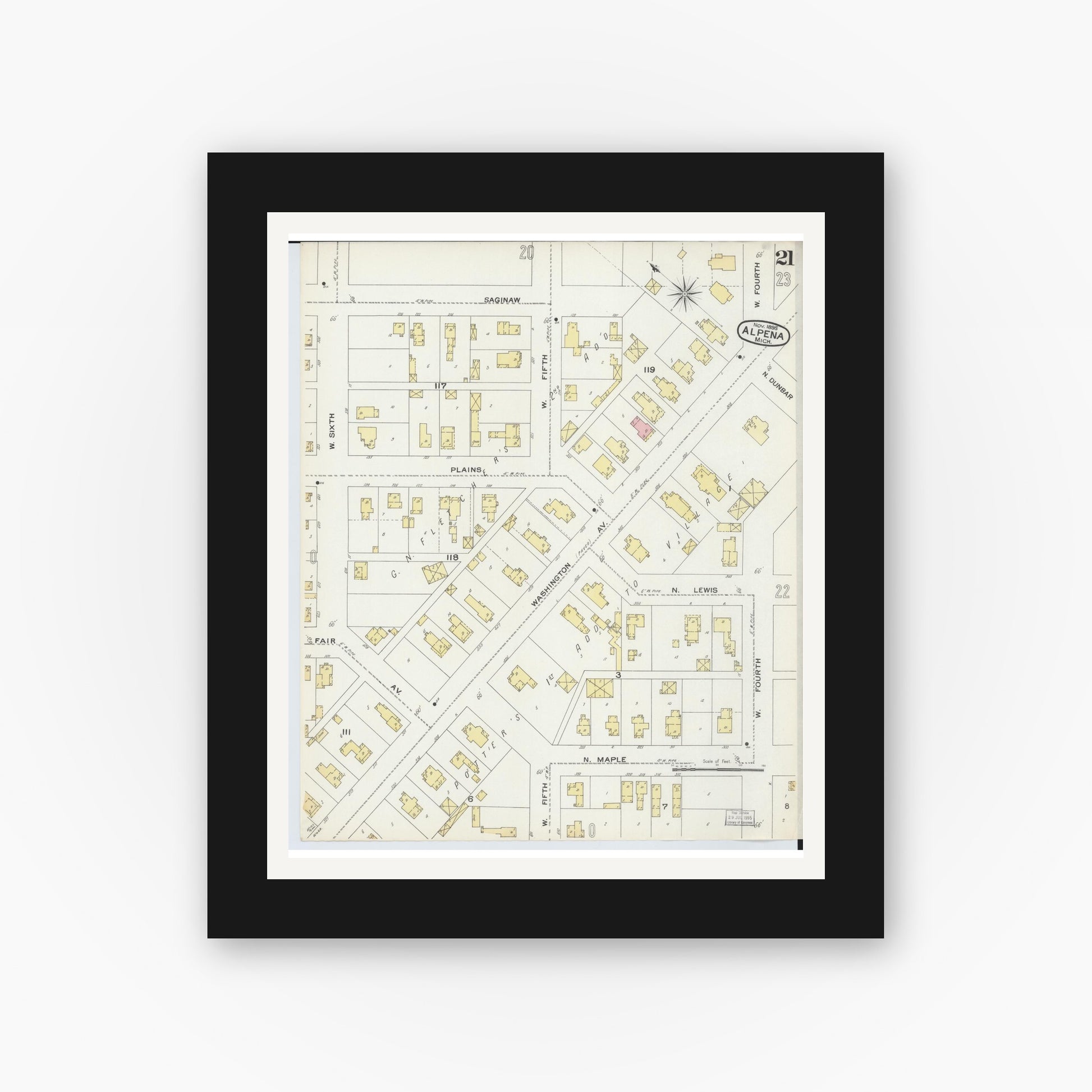 Old map wall art mockup — black gallery frame with white mat — Sanborn Fire Insurance Map from Alpena, Alpena County, Michigan (1895), Sheet #0021