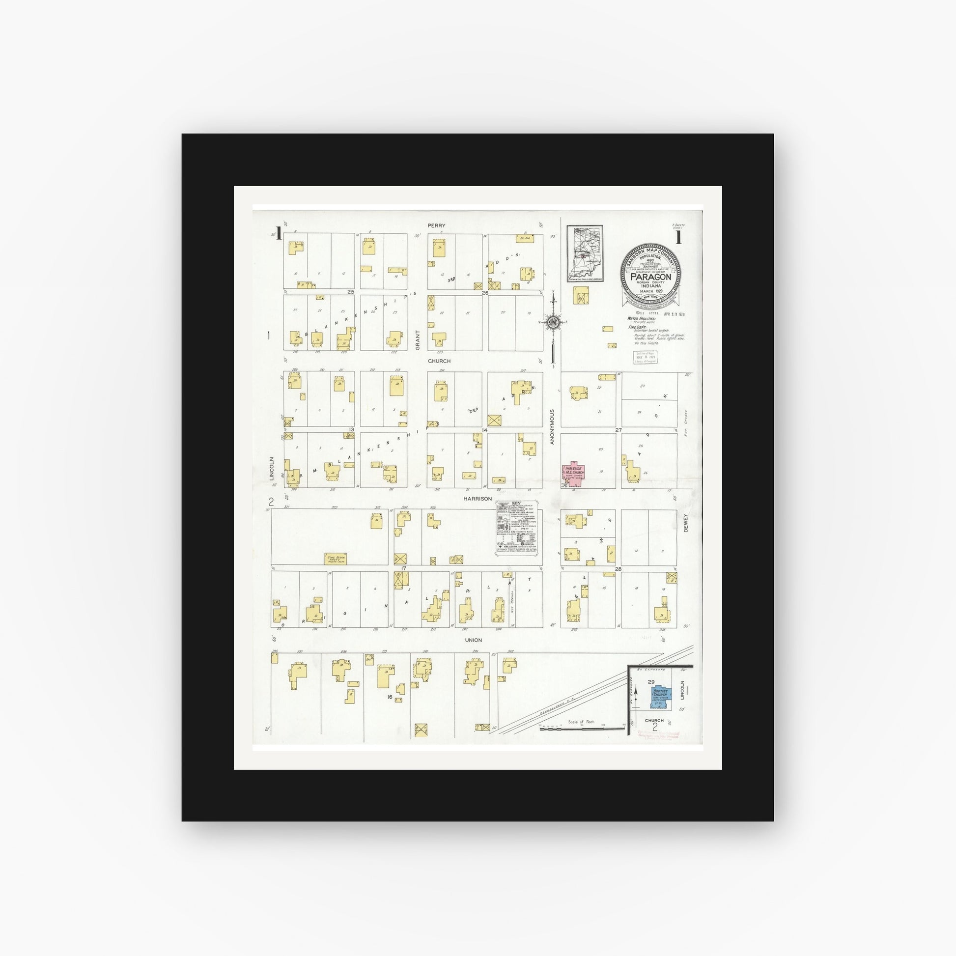 Old map wall art mockup — black gallery frame with white mat — Sanborn Fire Insurance Map from Paragon, Morgan County, Indiana (1929) - Complete Map Set