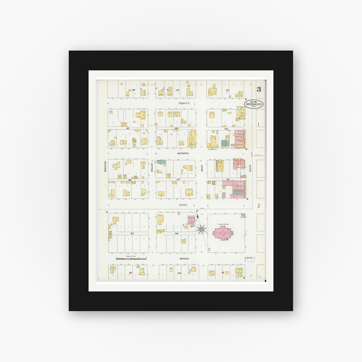 Old map wall art mockup — black gallery frame with white mat — Sanborn Fire Insurance Map from Groesbeck, Limestone County, Texas (1906), Sheet #0003