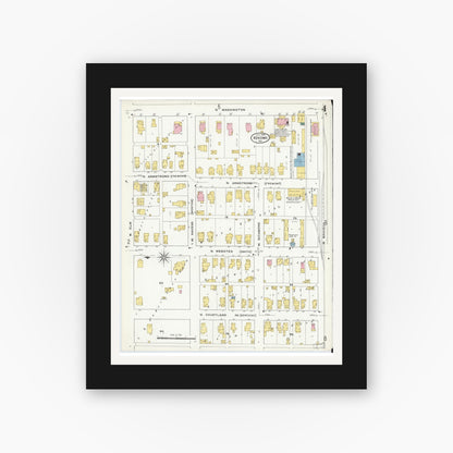 Old map wall art mockup — black gallery frame with white mat — Sanborn Fire Insurance Map from Kokomo, Howard County, Indiana (1909), Sheet #0004