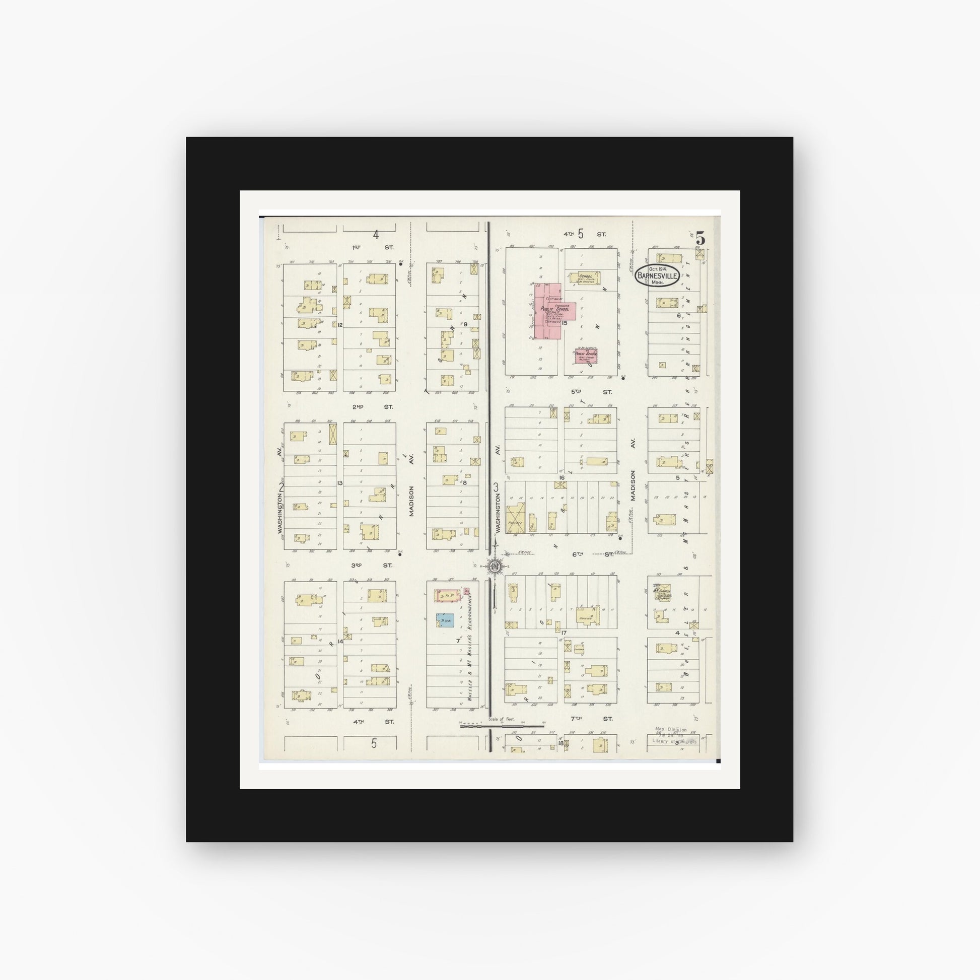 Old map wall art mockup — black gallery frame with white mat — Sanborn Fire Insurance Map from Barnesville, Clay County, Minnesota (1914), Sheet #0005