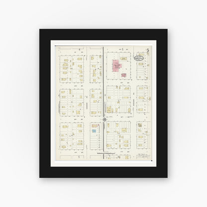 Old map wall art mockup — black gallery frame with white mat — Sanborn Fire Insurance Map from Barnesville, Clay County, Minnesota (1914), Sheet #0005