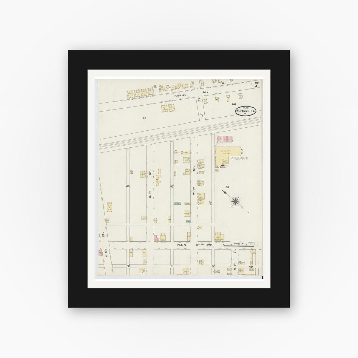 Old map wall art mockup — black gallery frame with white mat — Sanborn Fire Insurance Map from Jeannette, Westmoreland County, Pennsylvania (1891), Sheet #0007
