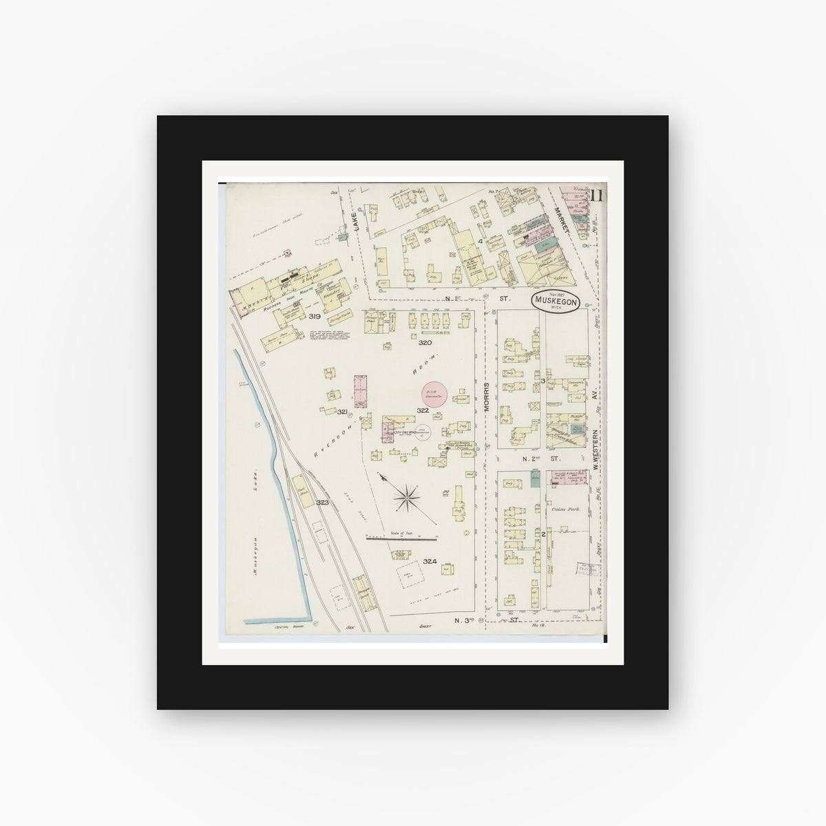 Old map wall art mockup — black gallery frame with white mat — Sanborn Fire Insurance Map from Muskegon, Muskegon County, Michigan (1887), Sheet #0011