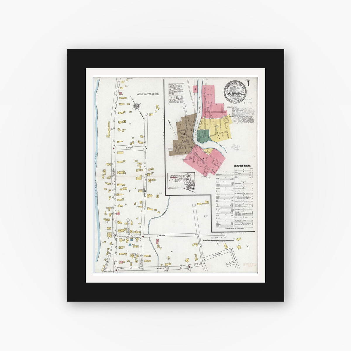 Old map wall art mockup — black gallery frame with white mat — Sanborn Fire Insurance Map from Shelburne Falls, Franklin County, Massachusetts (1919) - Complete Map Set