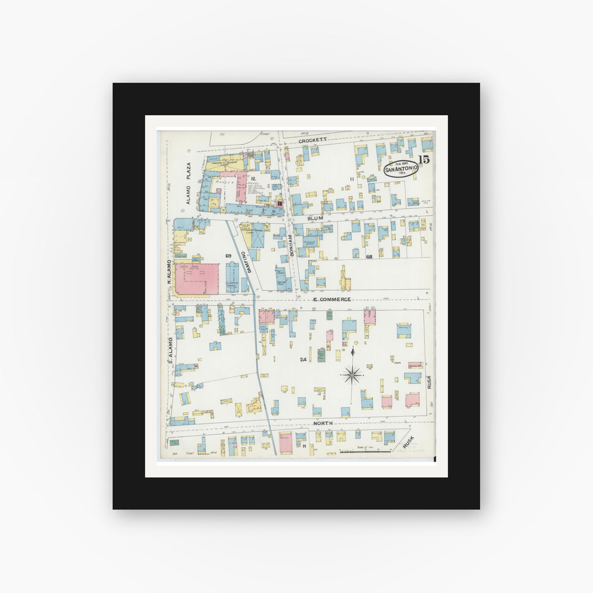 Old map wall art mockup — black gallery frame with white mat — Sanborn Fire Insurance Map from San Antonio, Bexar County, Texas (1892), Sheet #0015