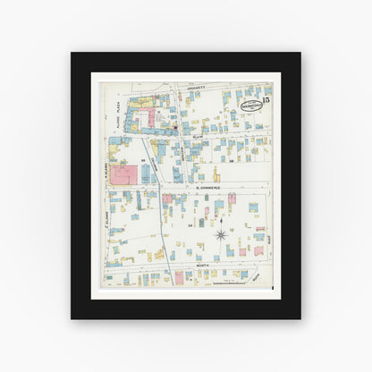 Old map wall art mockup — black gallery frame with white mat — Sanborn Fire Insurance Map from San Antonio, Bexar County, Texas (1892), Sheet #0015