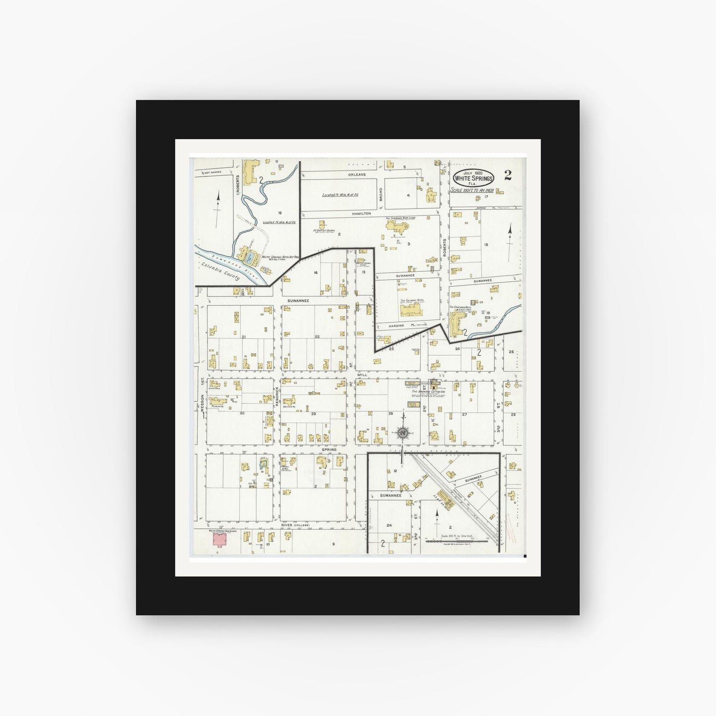 Old map wall art mockup — black gallery frame with white mat — Sanborn Fire Insurance Map from White Springs, Hamilton County, Florida (1920), Sheet #0002