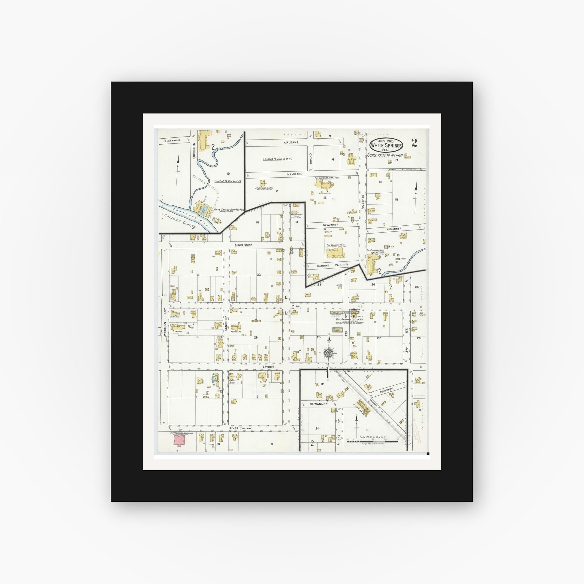 Old map wall art mockup — black gallery frame with white mat — Sanborn Fire Insurance Map from White Springs, Hamilton County, Florida (1920), Sheet #0002