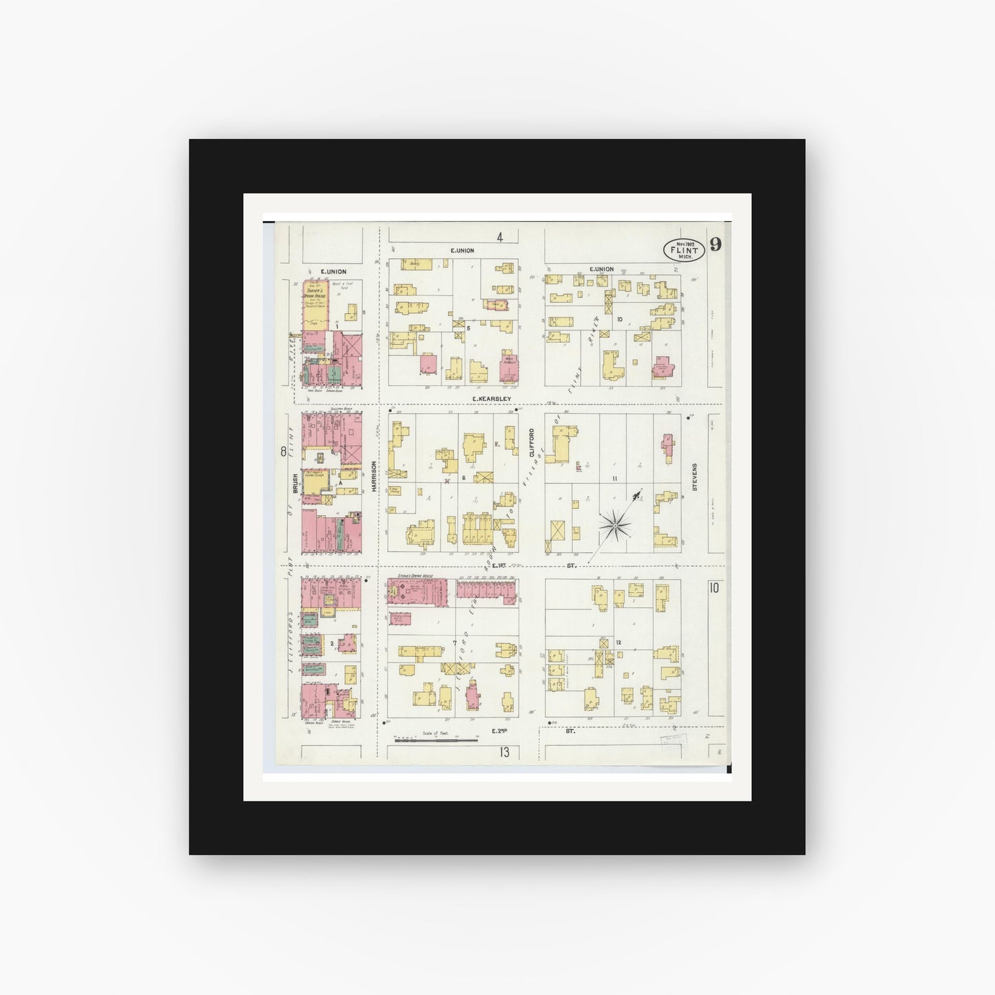 Old map wall art mockup — black gallery frame with white mat — Sanborn Fire Insurance Map from Flint, Genesee County, Michigan (1902), Sheet #0009