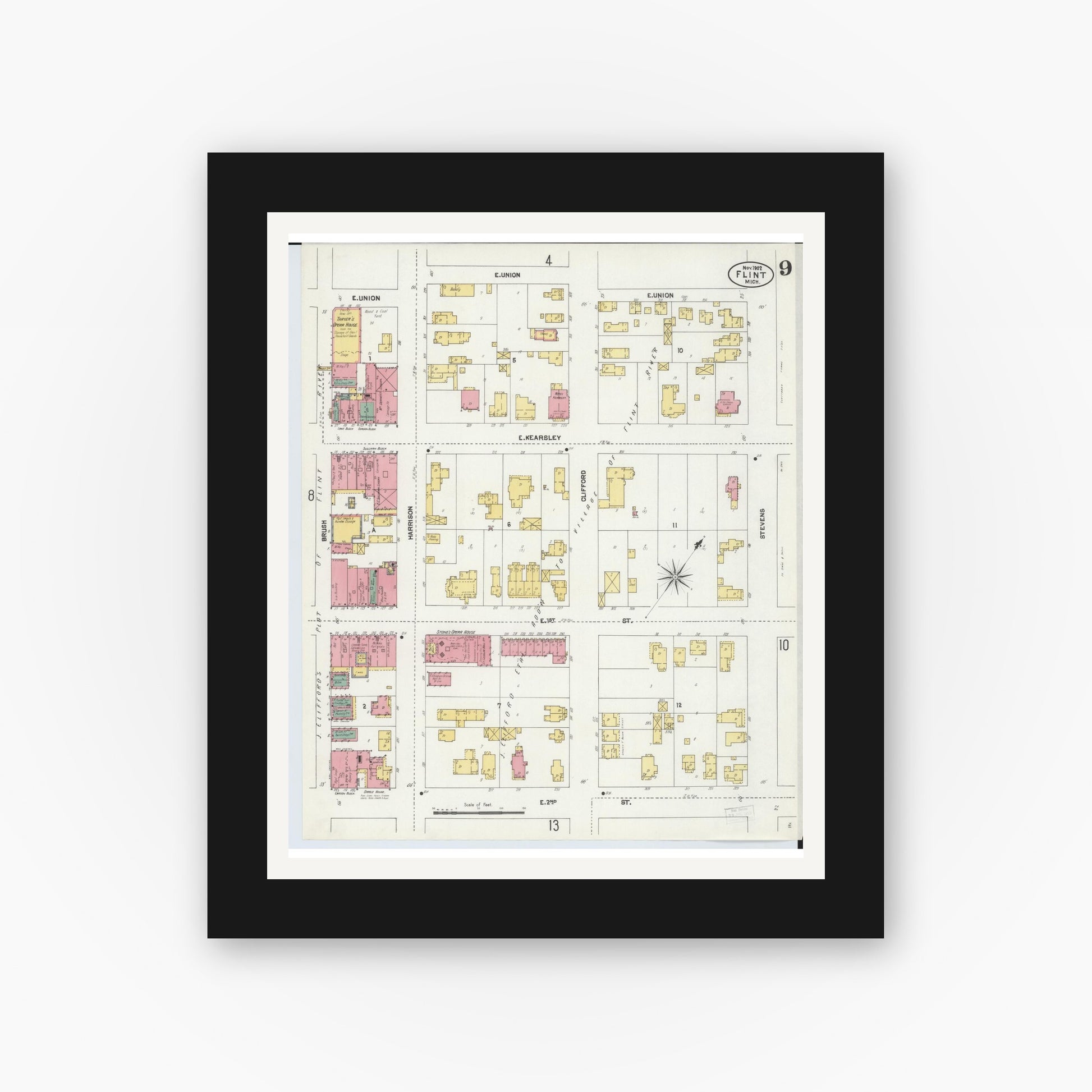 Old map wall art mockup — black gallery frame with white mat — Sanborn Fire Insurance Map from Flint, Genesee County, Michigan (1902), Sheet #0009