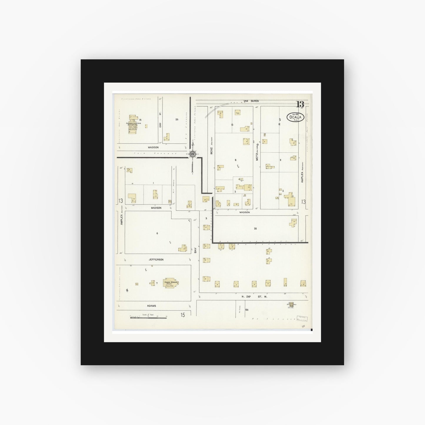 Old map wall art mockup — black gallery frame with white mat — Sanborn Fire Insurance Map from Ocala, Marion County, Florida (1912), Sheet #0013